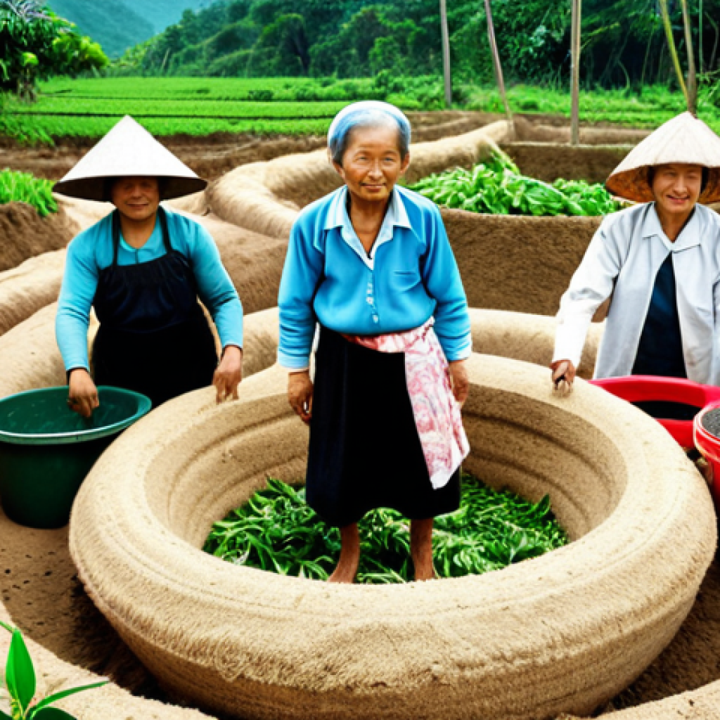 **

Prompt: A vibrant, educational scene showcasing circular economy principles in a Vietnamese context. Include farmers using organic fertilizer, a business transforming waste into new products, and a grandmother repurposing old clothes. The overall tone should be positive and inspiring, highlighting community awareness and practical benefits.

**