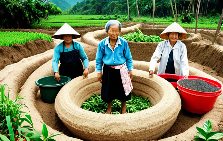 **

Prompt: A vibrant, educational scene showcasing circular economy principles in a Vietnamese context. Include farmers using organic fertilizer, a business transforming waste into new products, and a grandmother repurposing old clothes. The overall tone should be positive and inspiring, highlighting community awareness and practical benefits.

**