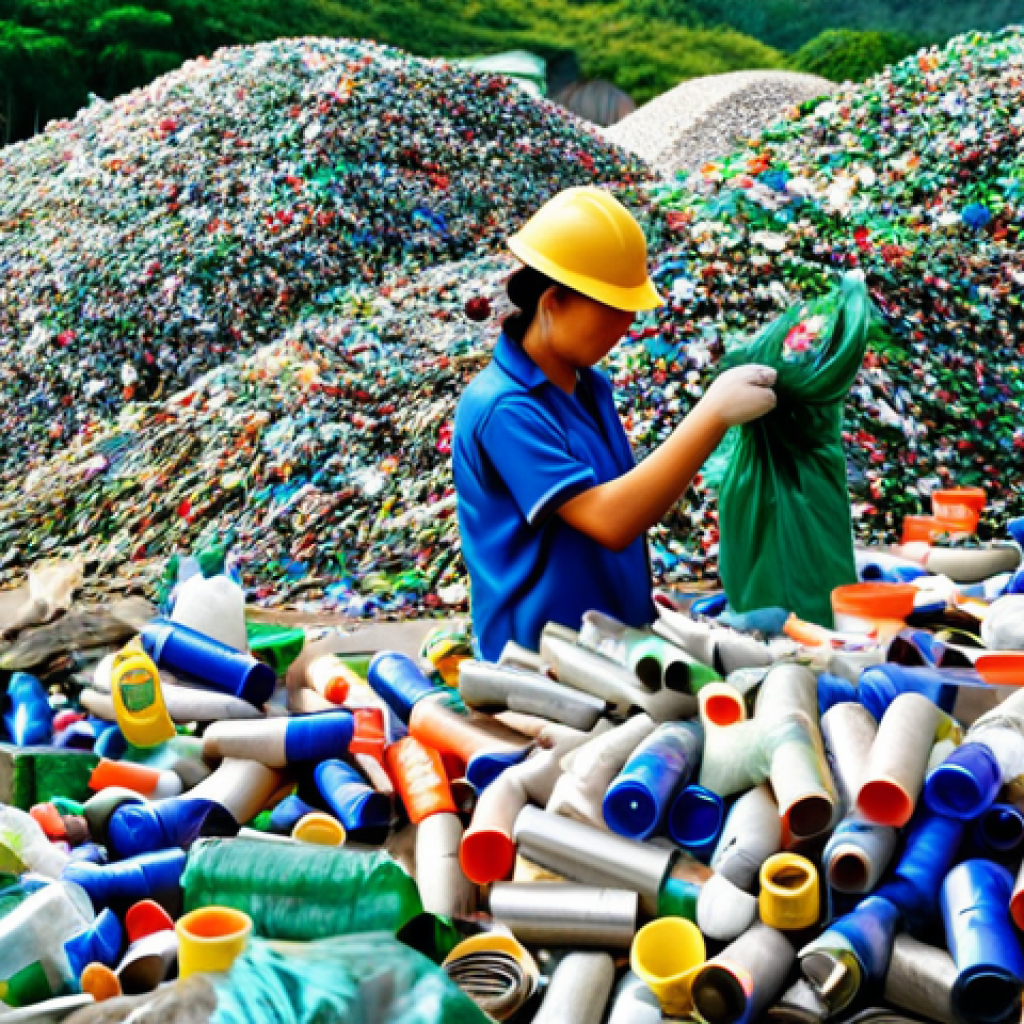 Recycling Center in Vietnam**
Prompt: "A bustling recycling center in Vietnam, workers sorting materials, piles of plastic bottles and paper, vibrant colors, safe for work, appropriate content, fully clothed, professional, showcasing the transformation of waste into usable resources, convey a sense of environmental responsibility, daytime scene, realistic style, perfect anatomy, correct proportions, natural pose, well-formed hands, proper finger count, natural body proportions."
**