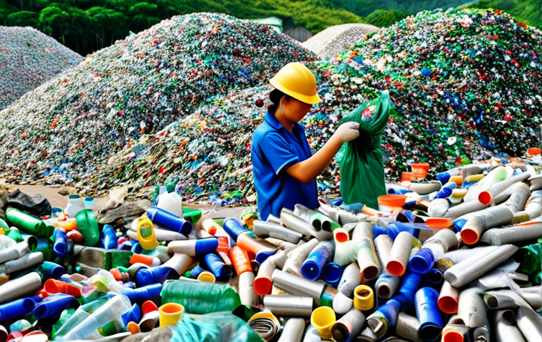 Recycling Center in Vietnam**
Prompt: "A bustling recycling center in Vietnam, workers sorting materials, piles of plastic bottles and paper, vibrant colors, safe for work, appropriate content, fully clothed, professional, showcasing the transformation of waste into usable resources, convey a sense of environmental responsibility, daytime scene, realistic style, perfect anatomy, correct proportions, natural pose, well-formed hands, proper finger count, natural body proportions."
**
