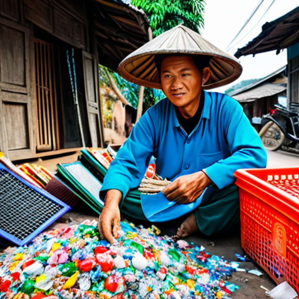 "A Vietnamese artisan in a traditional village, surrounded by colorful recycled plastic products, fully clothed, demonstrating the craft of transforming plastic waste into household items, appropriate attire, safe for work, perfect anatomy, natural proportions, professional documentation, high quality, family-friendly."