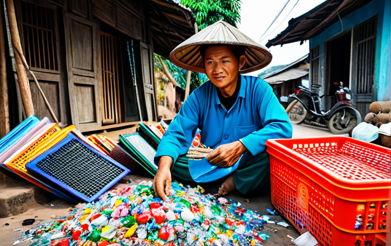 "A Vietnamese artisan in a traditional village, surrounded by colorful recycled plastic products, fully clothed, demonstrating the craft of transforming plastic waste into household items, appropriate attire, safe for work, perfect anatomy, natural proportions, professional documentation, high quality, family-friendly."