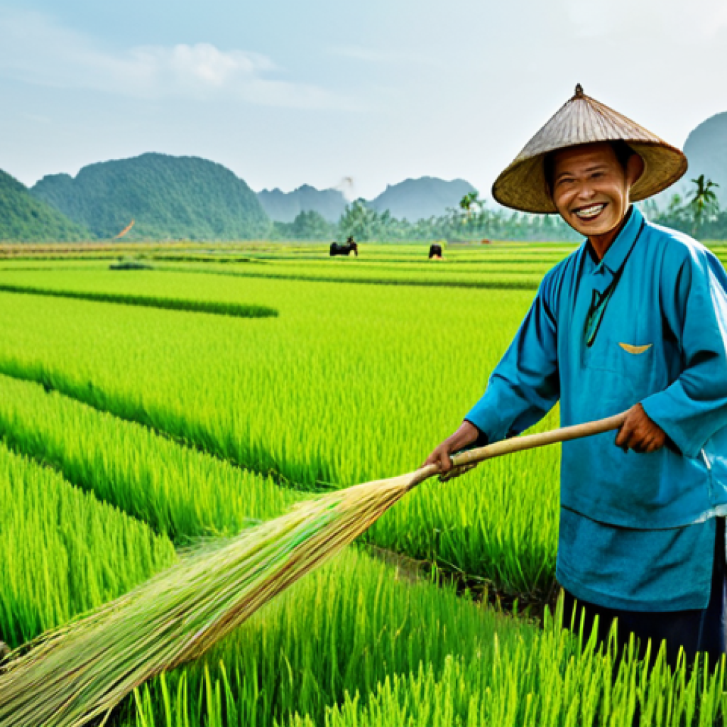 자원순환 경제 모델과 기술 발전 - **Prompt:** A Vietnamese farmer in traditional clothing smiles as he spreads organic fertilizer made...