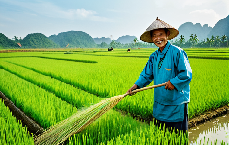 자원순환 경제 모델과 기술 발전 - **Prompt:** A Vietnamese farmer in traditional clothing smiles as he spreads organic fertilizer made...