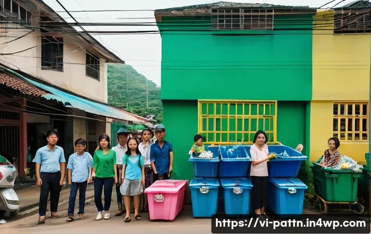 자원순환 경제의 위험 및 주의사항 - **Prompt:** A bustling, vibrant outdoor scene in a modern Vietnamese urban neighborhood. A diverse g...