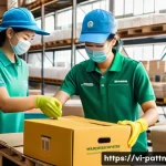 Home 21 자원순환 경제와 전자상거래의 관계 - A vibrant Vietnamese e-commerce warehouse scene showing eco-friendly packaging made from recycled pa...