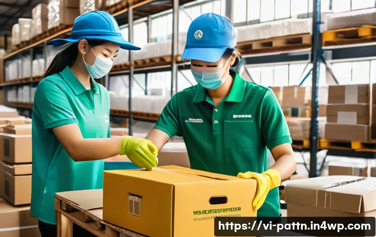 자원순환 경제와 전자상거래의 관계 - A vibrant Vietnamese e-commerce warehouse scene showing eco-friendly packaging made from recycled pa...