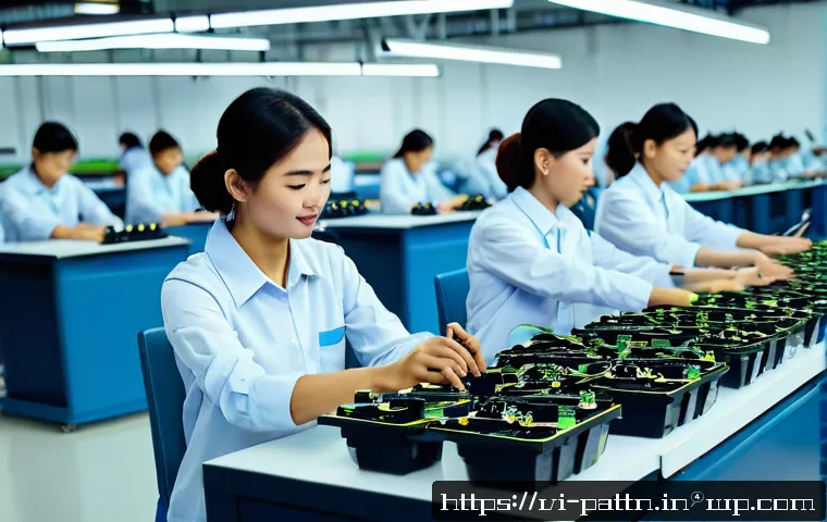 자원순환 경제와 청정 기술 - A detailed scene of a Vietnamese electronics factory focused on sustainable product design: engineer...