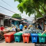 Home 23 자원순환 경제와 생태계 서비스 - A vibrant Vietnamese urban neighborhood scene showing families actively sorting and recycling househ...