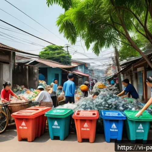 Home 17 자원순환 경제와 생태계 서비스 - A vibrant Vietnamese urban neighborhood scene showing families actively sorting and recycling househ...