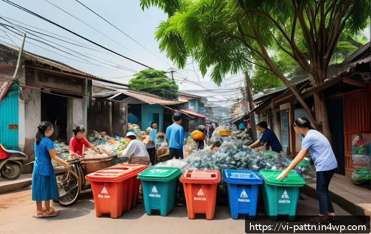 자원순환 경제와 생태계 서비스 - A vibrant Vietnamese urban neighborhood scene showing families actively sorting and recycling househ...