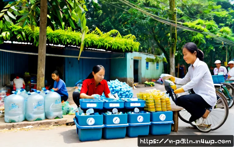 Home 17 자원순환 경제 모델의 실천 방안 - Photorealistic Vietnamese community recycling station in a clean Hanoi neighborhood, diverse adults ...